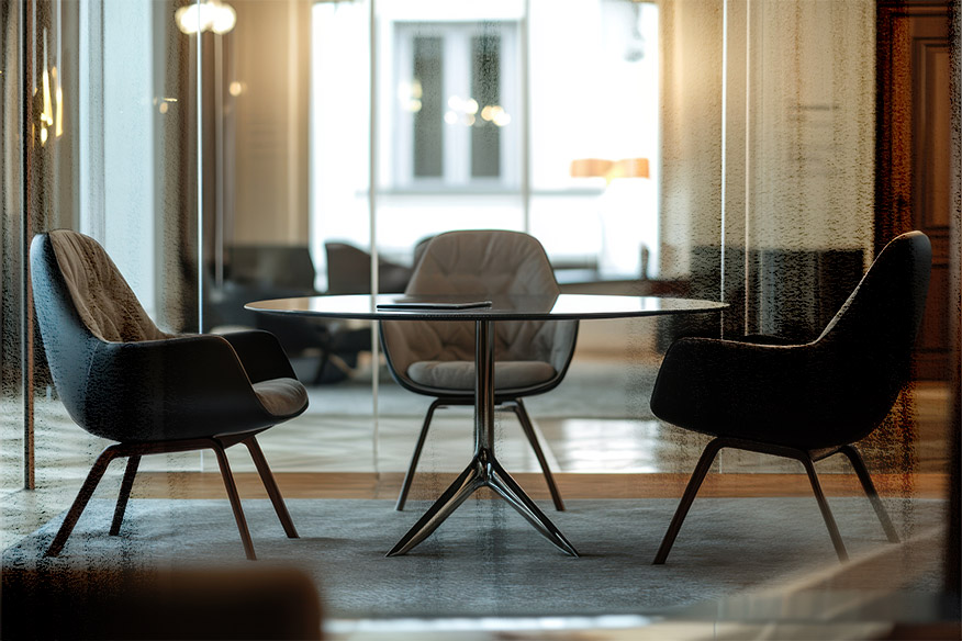 Three equally spaced chairs around a table